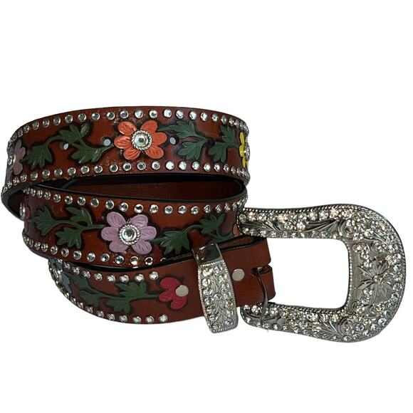3-D Rhinestone Hand Tooled Hand Painted Leather Belt Bling Buckle Retro 38 - Picture 1 of 16
